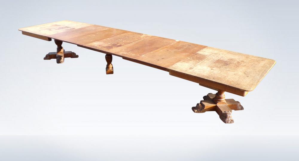 16ft Antique Arts Crafts Oak Pedestal Extending Dining Table 