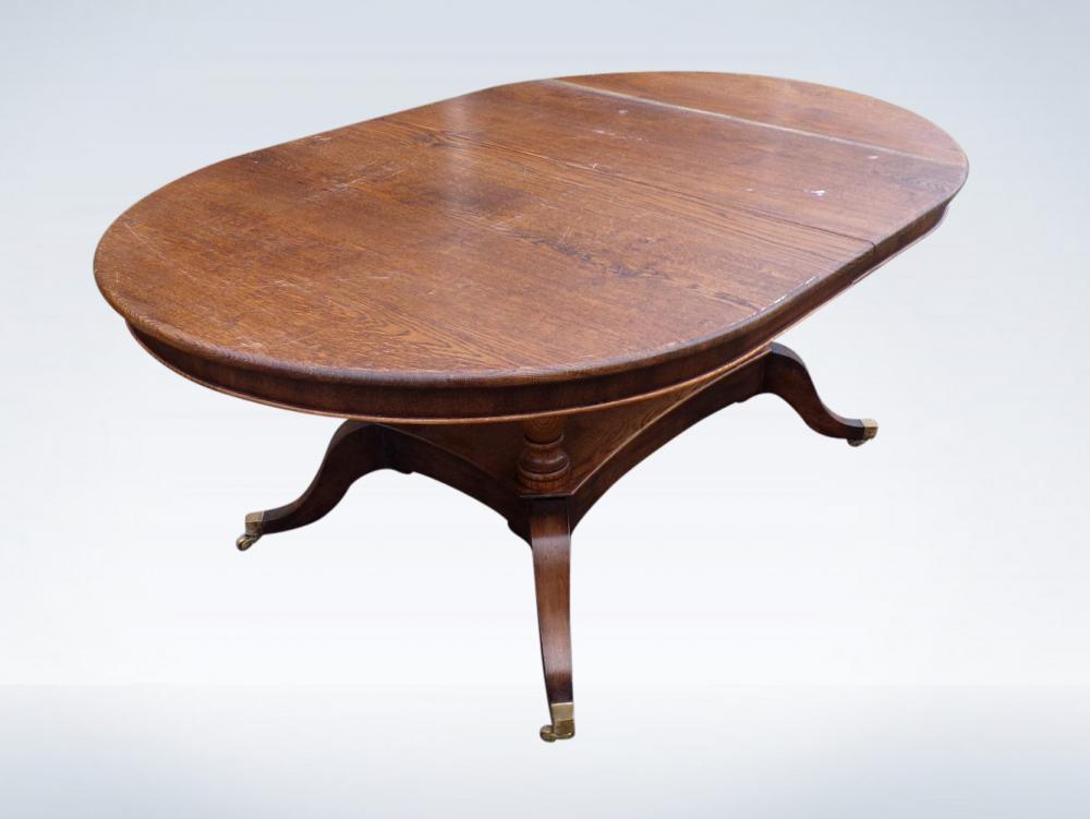 8ft Antique Oak Oval Extending Single Pedestal Dining Table – Regency Manner