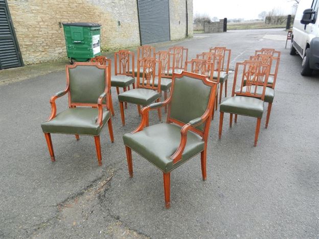 Long Set Of Fourteen Georgian Sheraton Revival Antique Dining Chairs
