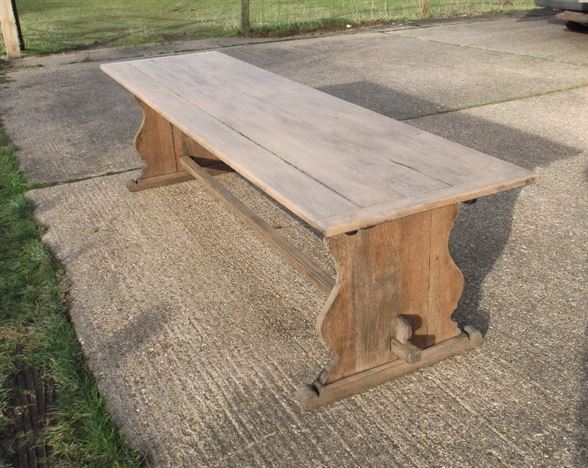 Antique Oak Refectory Table - 3 Metre 10 Ft Farmhouse Refectory Table With Trestle End Support Base To Seat 12 Comfortably