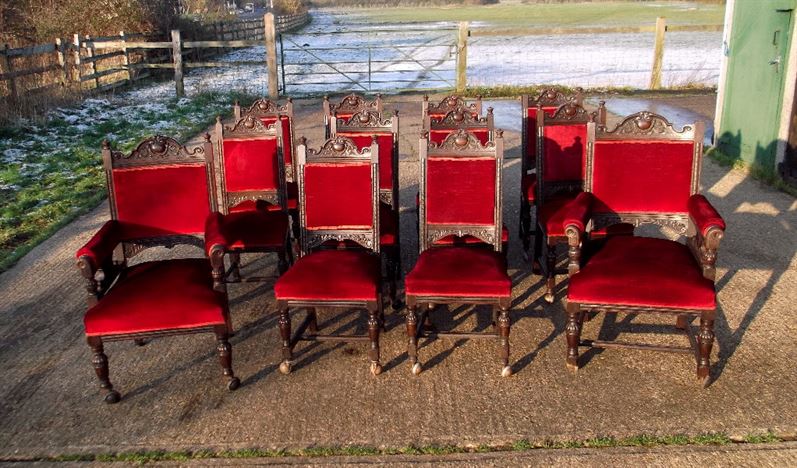 Set 12 Antique Oak Chairs - Set Twelve Jacobean Carved Oak Dining Chairs With Carvers