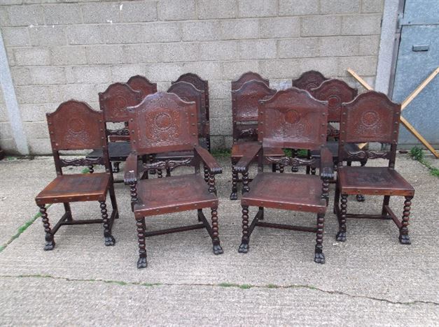 Set 12 Leather Refectory Chairs - Twelve  Carolean Manner Embossed Leather Antique Dining Chairs