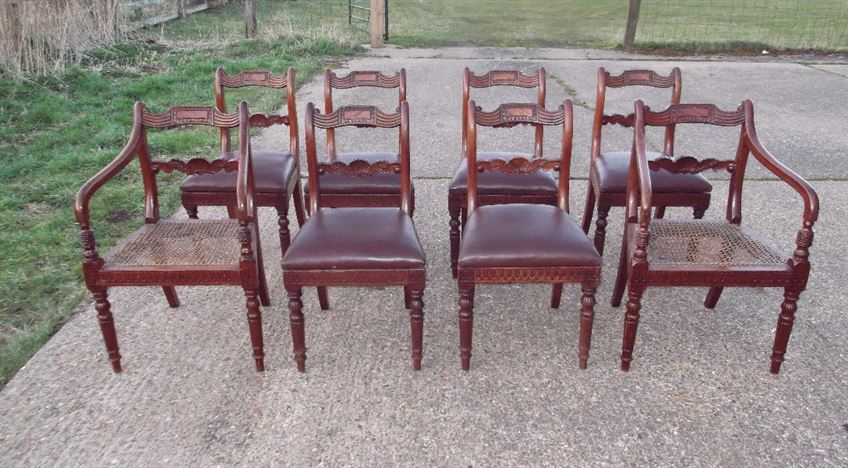 Set 8 Georgian Dining Chairs - Set Eight Regency Period Mahogany Bar Back Dining Chairs With Carvers