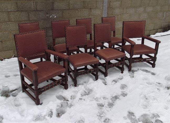 Set Eight Antique Oak Chairs - Set 8 Oak Framed And Tan Leather Cromwellian Refectory Dining Chairs