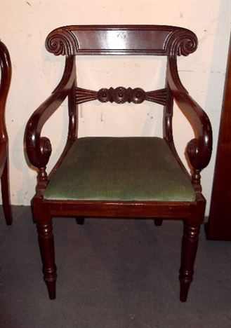 Set Six Georgian Mahogany Chairs - Set 6 Decoratively Carved Regency Period Bar Back Dining Chairs